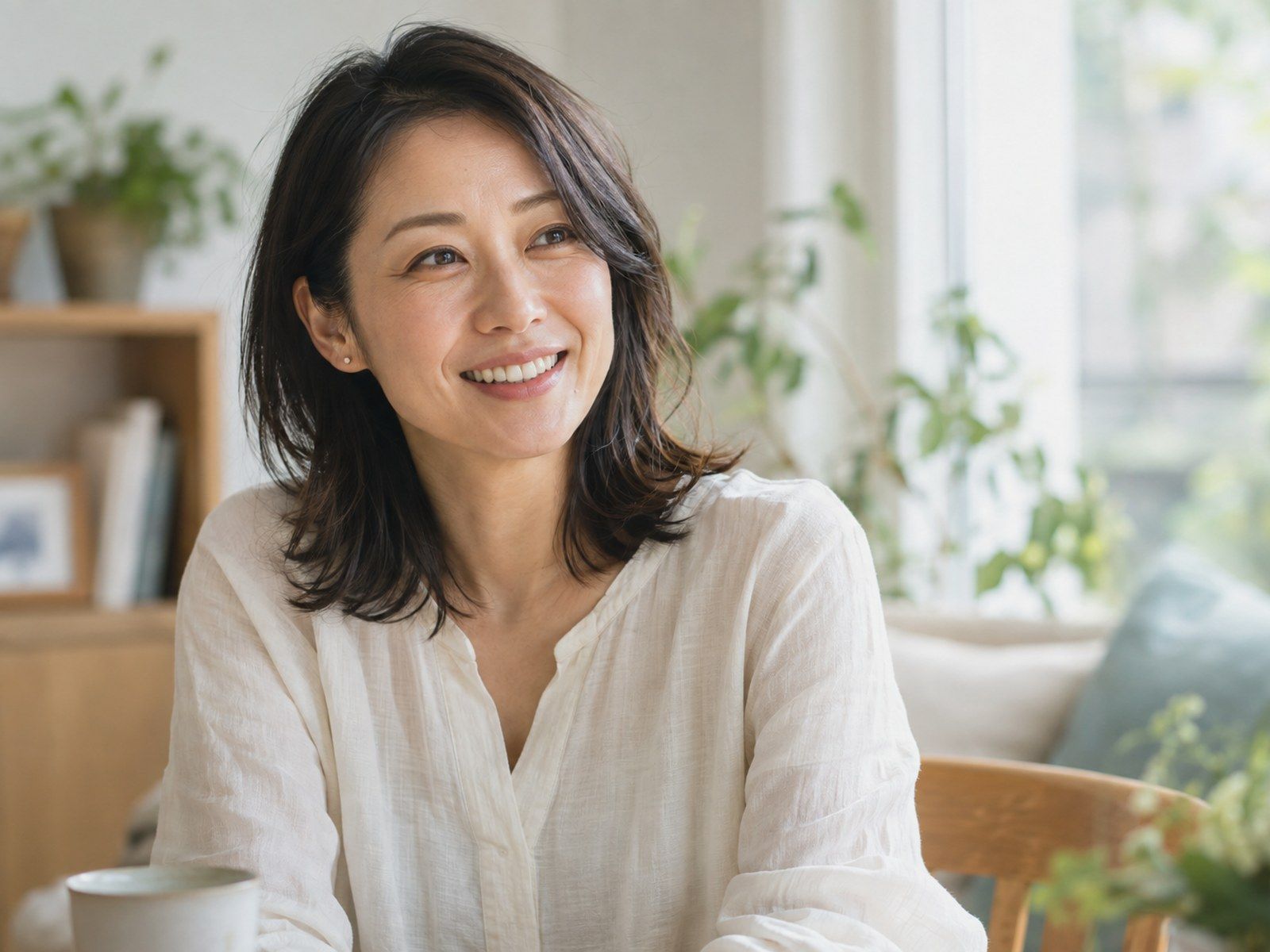 明るい部屋でほほえむ女性(イメージ)